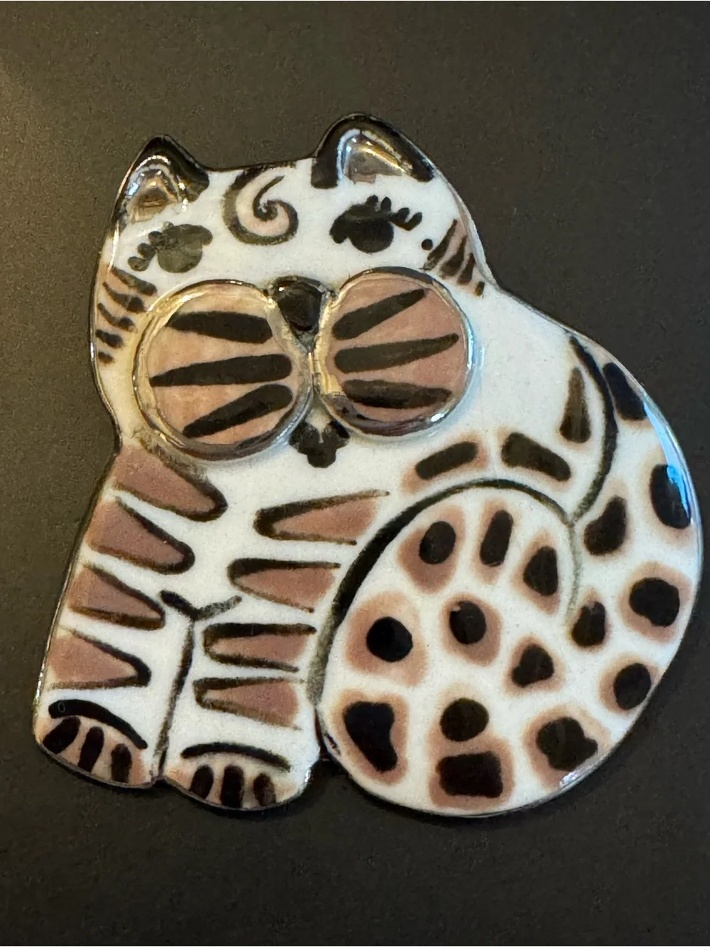 Vintage Hand Painted Ceramic Cat Brooch - Wearable Art